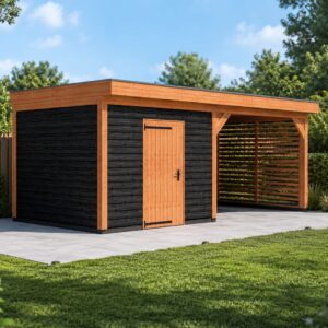 Douglas berging met veranda en louvrewand – 600 x 300 cm