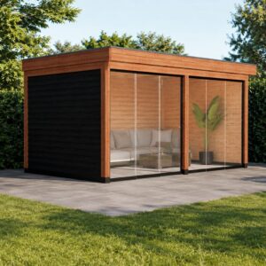 Douglas tuinkamer met glazen schuifwanden – 600 x 300 cm