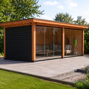 Luxe Douglas veranda met glazen schuifwanden – 600 x 300 cm